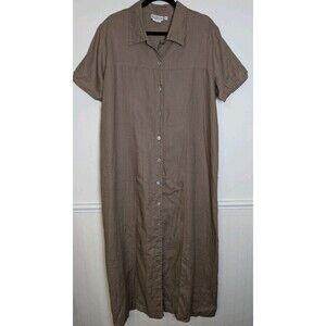 Vintage 1980s Match Womens Maxi Shirt Dress Brown Button Front 100% Linen XLarge